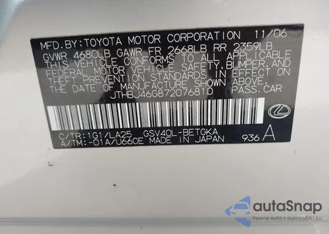 2007 Lexus Es 350 z USA, uszkodzony, nr VIN JTHBJ46G872076810